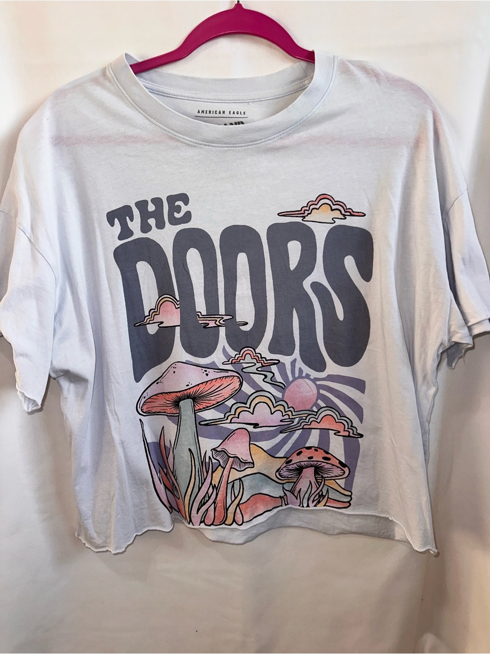 American Eagle Outfitters White Crop Tee with Lavender, Pink & Peach Graphic